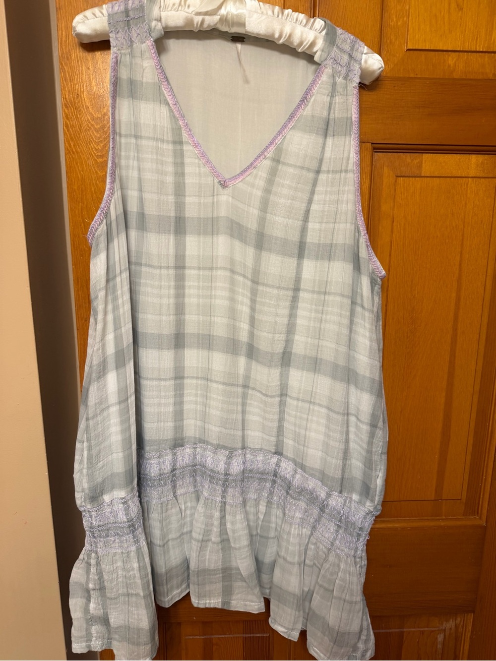 Free People Pale Gray Plaid Sleeveless Chemise with Lavender Trim